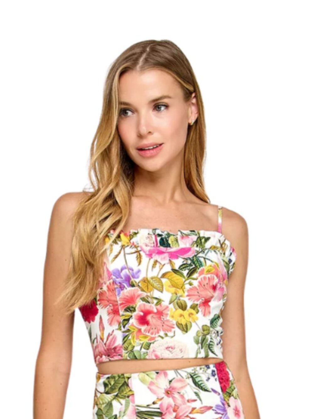 Katia Rae Floral White Pink Green Exotic Tank Vest Crop Strap Top XS